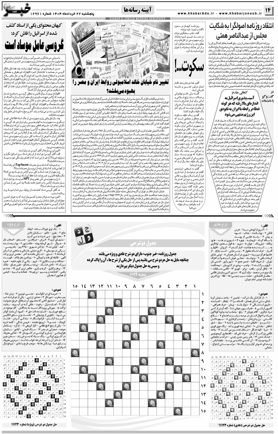 مشاهده صفحه ۱۴ روزنامه خبرجنوب تاریخ ۲۲ خرداد سال ۱۴۰۴