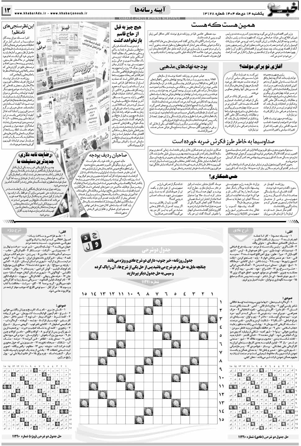 مشاهده صفحه ۱۳ روزنامه خبرجنوب تاریخ ۱۴ دی سال ۱۴۰۴