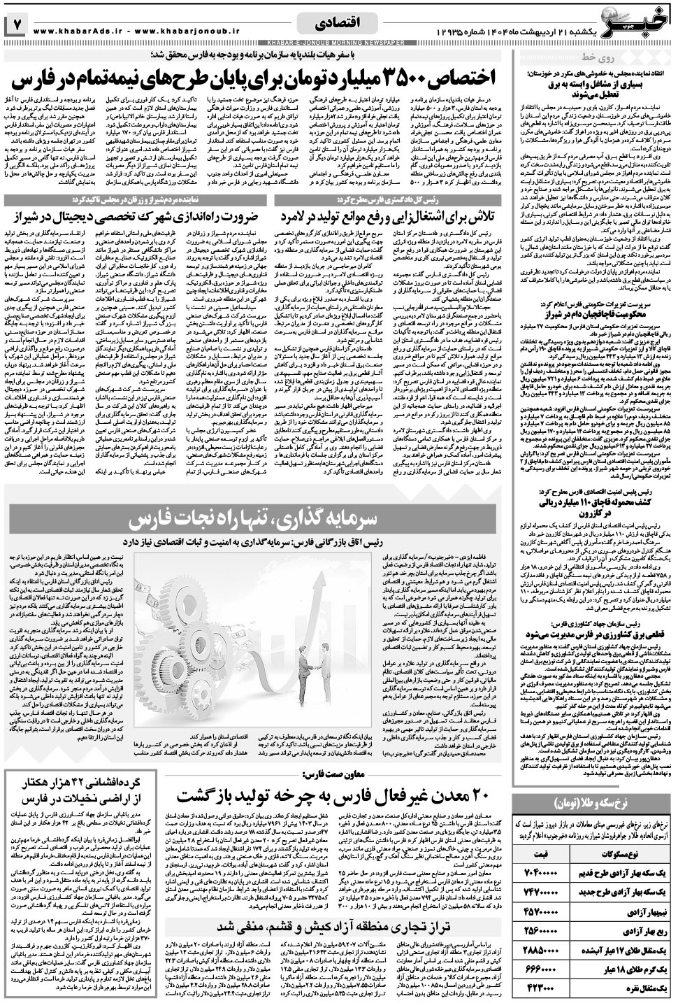 مشاهده صفحه ۷ روزنامه خبرجنوب تاریخ ۲۱  سال ۱۴۰۴