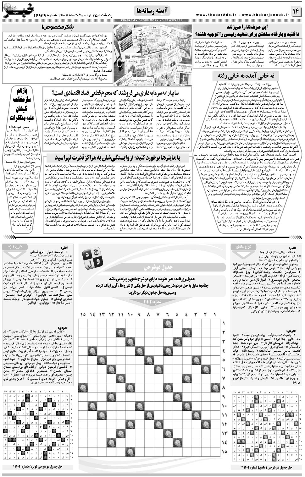 مشاهده صفحه ۱۴ روزنامه خبرجنوب تاریخ ۲۵  سال ۱۴۰۴