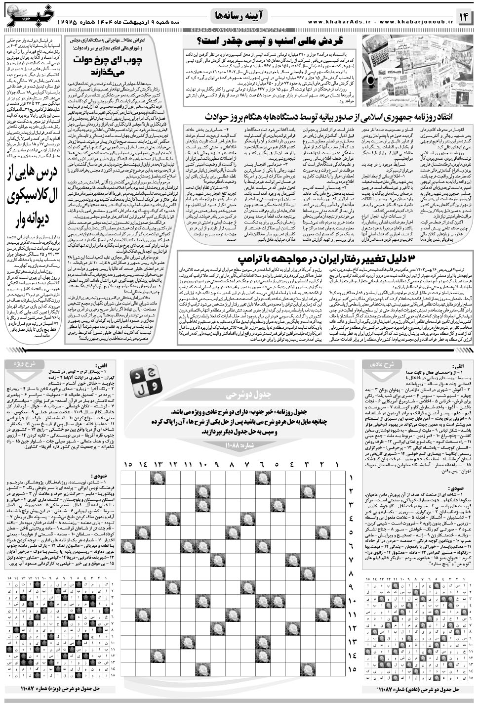 مشاهده صفحه ۱۴ روزنامه خبرجنوب تاریخ ۹  سال ۱۴۰۴